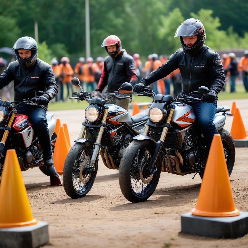 A diverse group of motorcycle riders, wearing helmets and safety gear, participating in hands-on training sessions in a dynamic outdoor setting with cones, obstacles, and instructors demonstrating techniques. Highlight a variety of motorcycle models and the camaraderie among participants. vibrant colors. super-realistic.