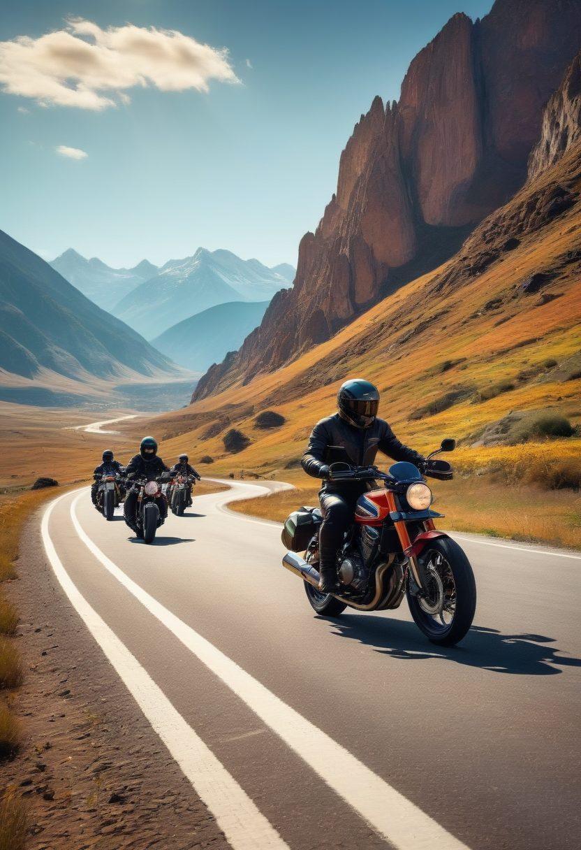 A diverse group of motorcycle riders, from beginners to experienced, learning and practicing on a picturesque open track under the guidance of professional instructors. The background shows a blend of scenic mountains and clear skies, symbolizing the journey from novice to pro. Everyone is equipped with safety gear and motorcycles of various types. super-realistic. vibrant colors. dynamic and inspirational.