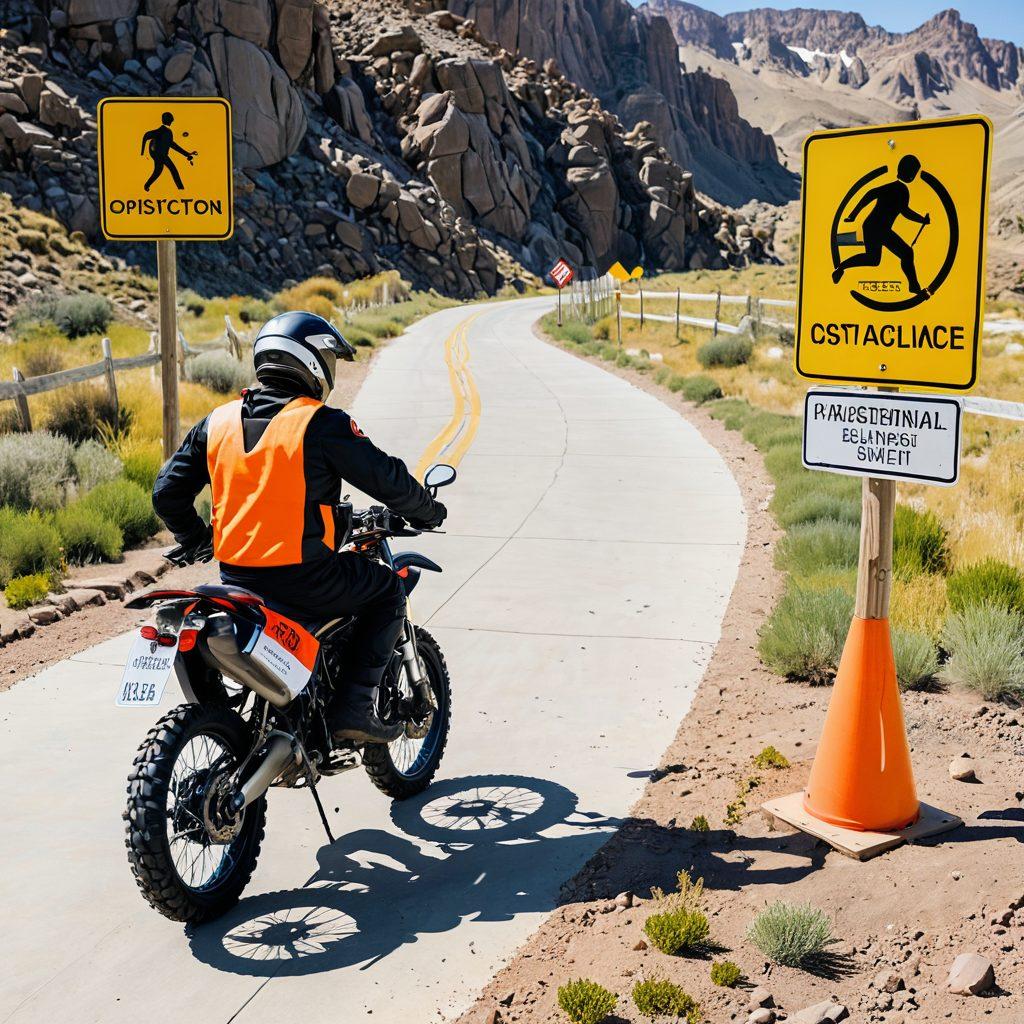 A motorcyclist wearing full safety gear (helmet, jacket, gloves) riding through an obstacle course under the guidance of a professional instructor in a scenic open space. The instructor points towards a safety sign, emphasizing the importance of road safety. super-realistic. vibrant colors. white background.